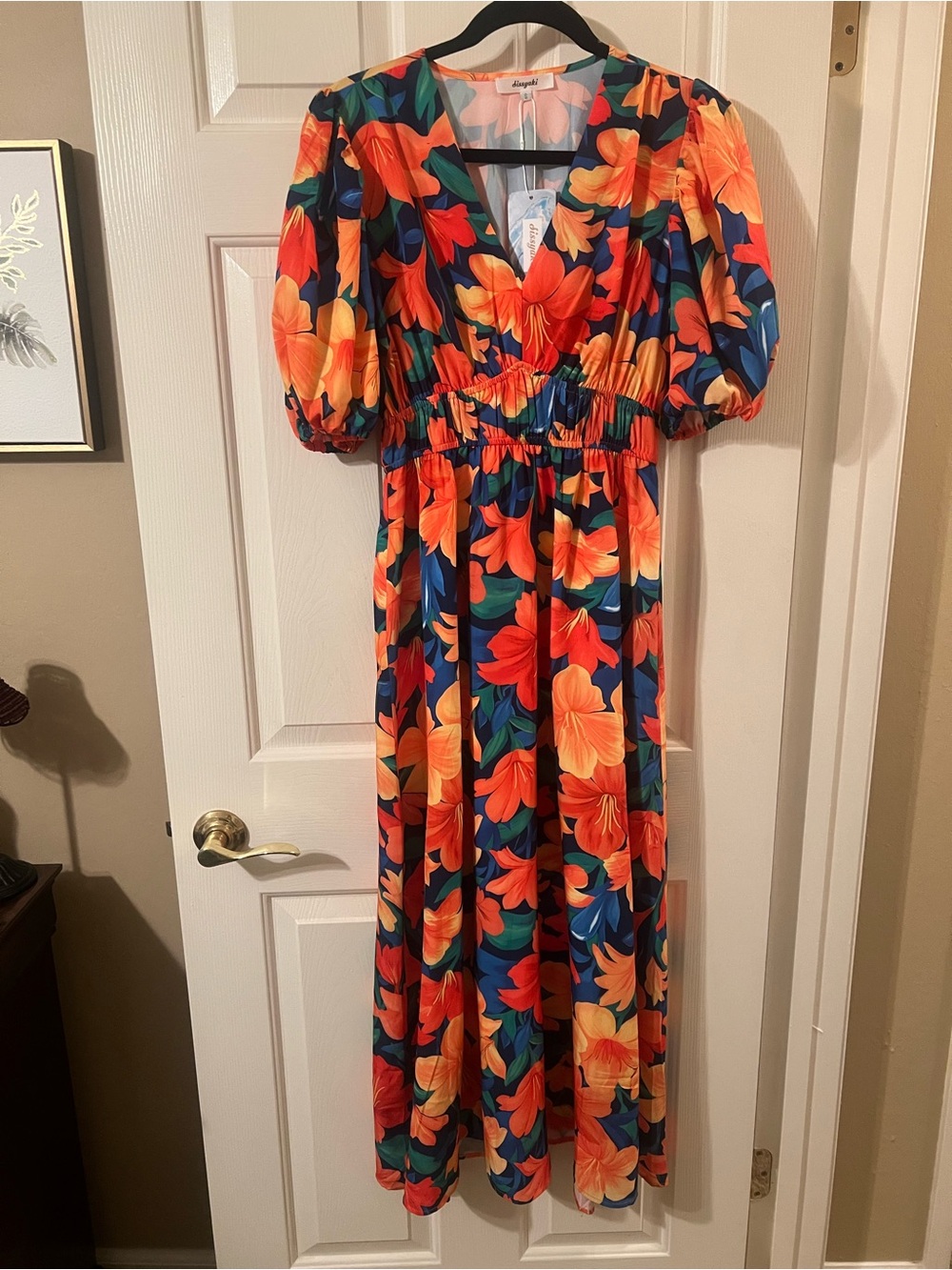 NWT Women’s Vibrant Multicolor Tropical Floral Puff Sleeve Midi Dress Size Small